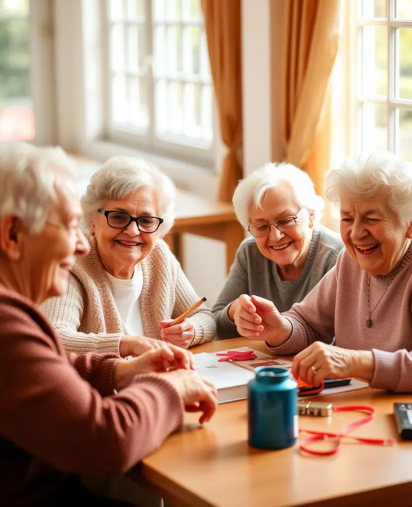 Group of senior residents smiling and enjoying a craft activity together