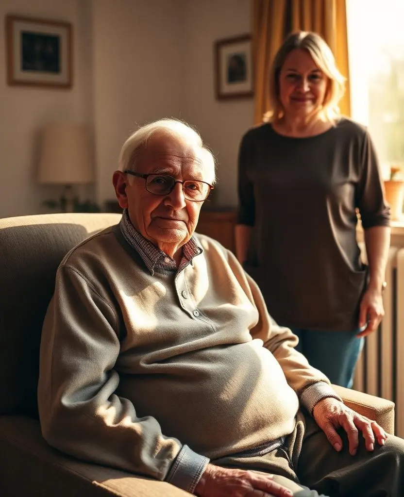An elderly resident relaxing in a sunlit room with a caregiver nearby